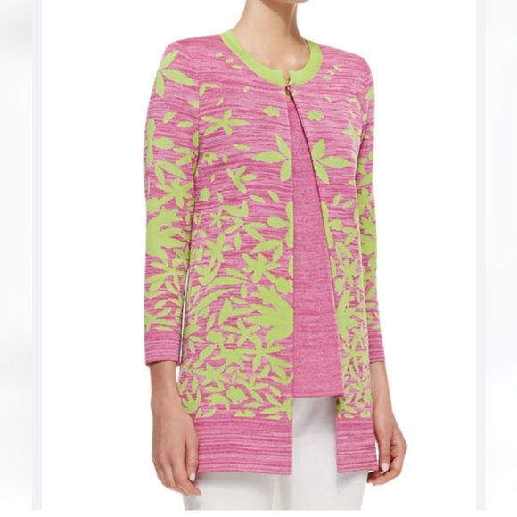 Misook Multileaf Pink & Green Long Cardigan Jacket - Picture 1 of 12